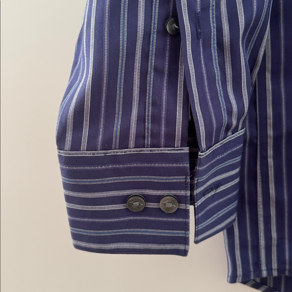Kenneth Cole Navy Striped Shirt Size M  Neck 15 -15.5 Long Sleeve 32/33 Non iron - Picture 9 of 16